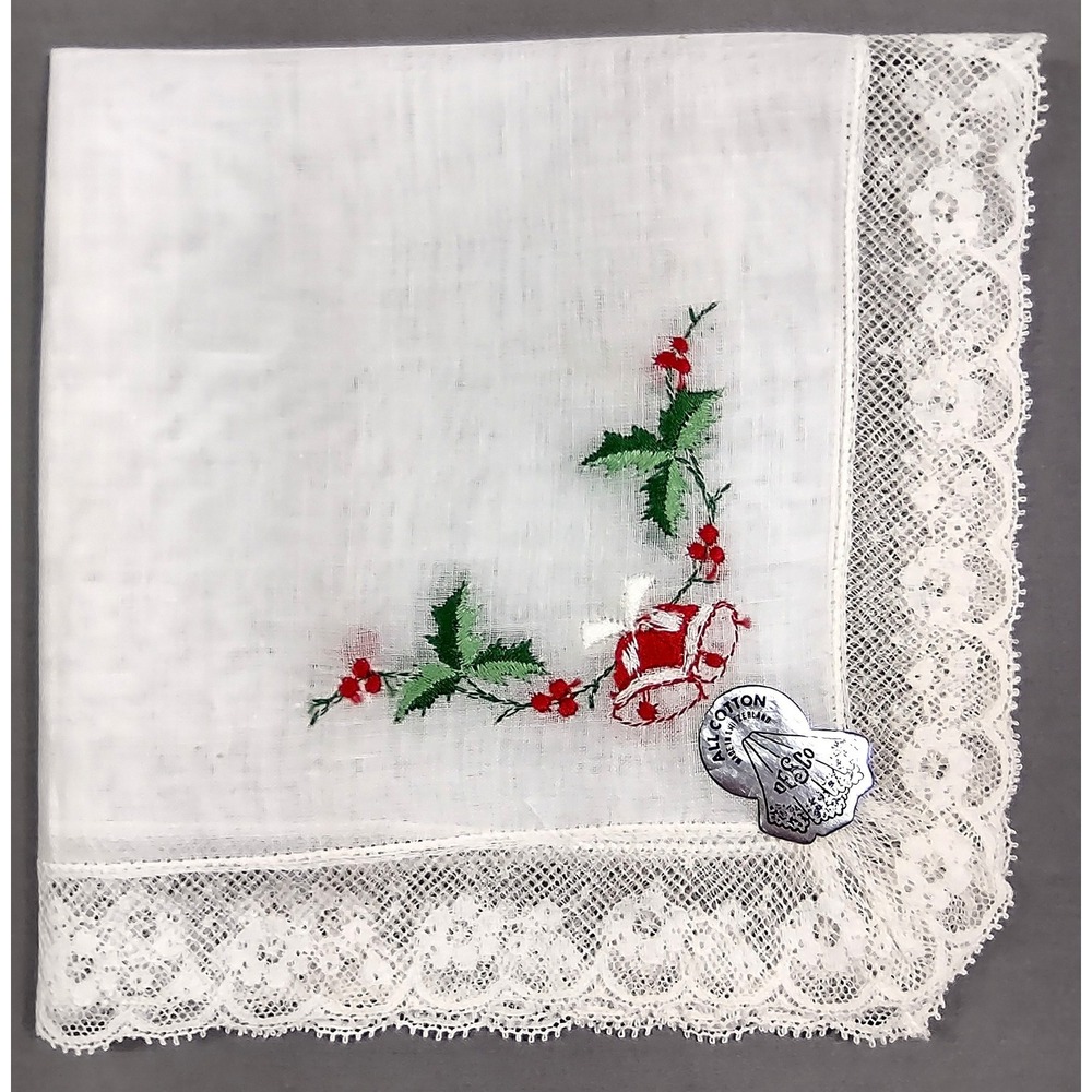 Vintage Desco Swiss Cotton Christmas Handkerchief Lace Holly Bells 11.5x11.5